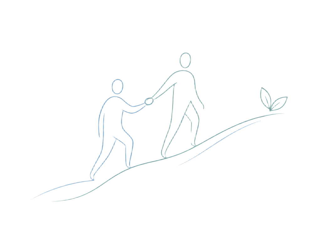 Two figures walking a path together, one offering a hand back, partnership and advocacy
